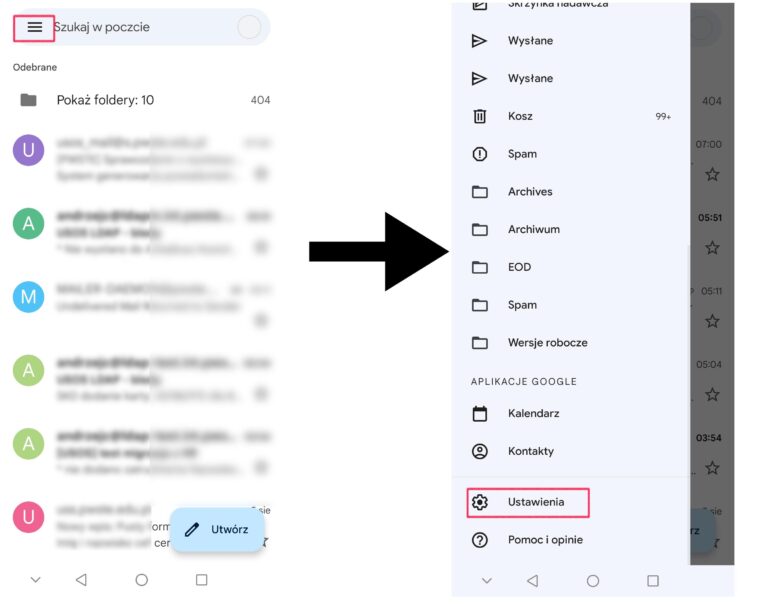 Aplikacja gmail - lista opcji w aplikacji
